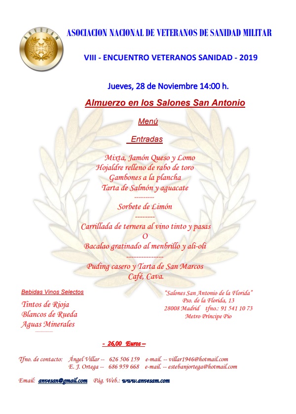 VIII Reunión Anual de Veteranos de Sanidad Militar-Menú
